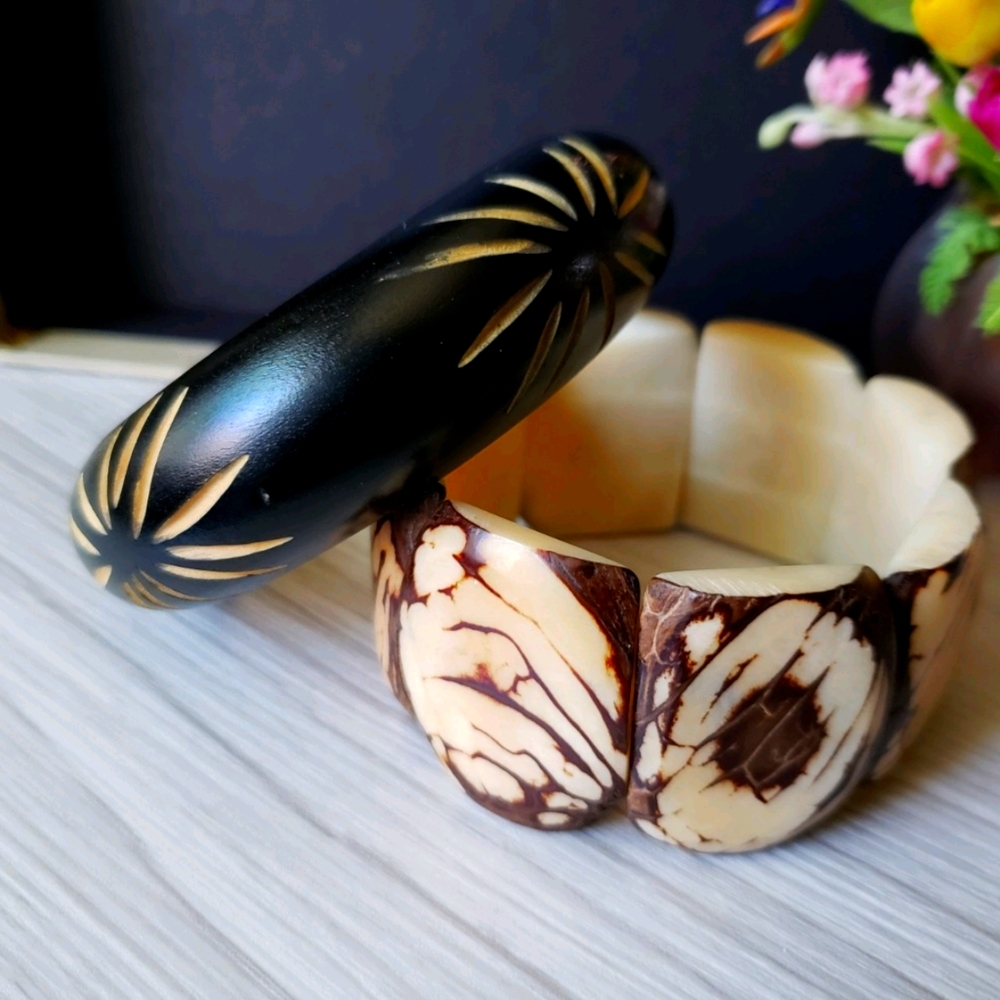 2 Bracelets:  1 Ivory Vegatable Nut, 1 Wood Boho